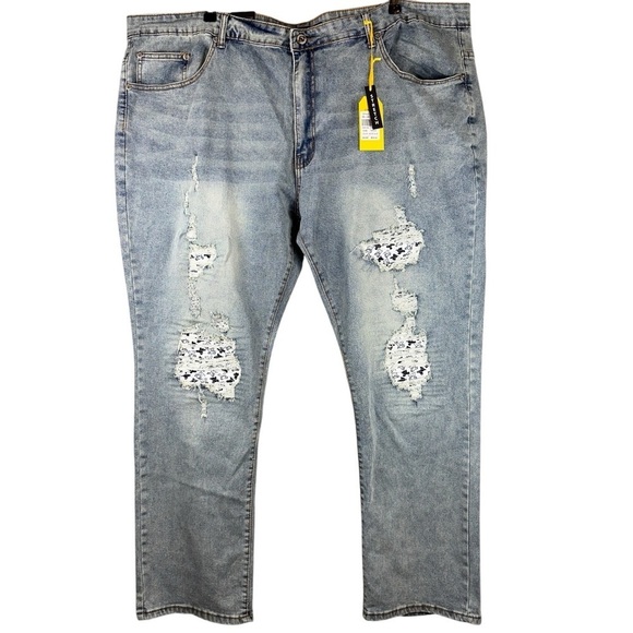 M. Society Jeans Mens 50x32 Blue Rip and Repair Stretch Denim Y2K Streetwear NWT - Picture 1 of 12